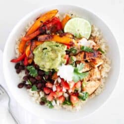 chicken fajita bowl on counter top