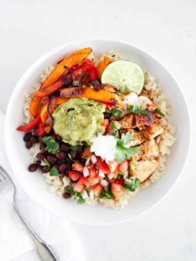 chicken fajita bowl on counter top