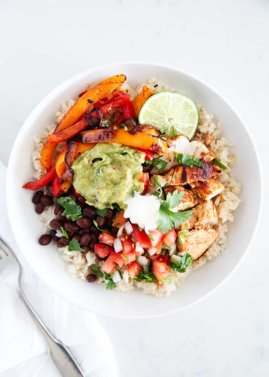 chicken fajita bowl on counter top