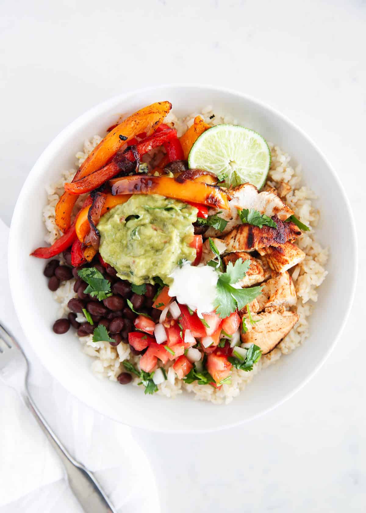 chicken fajita bowl on counter top