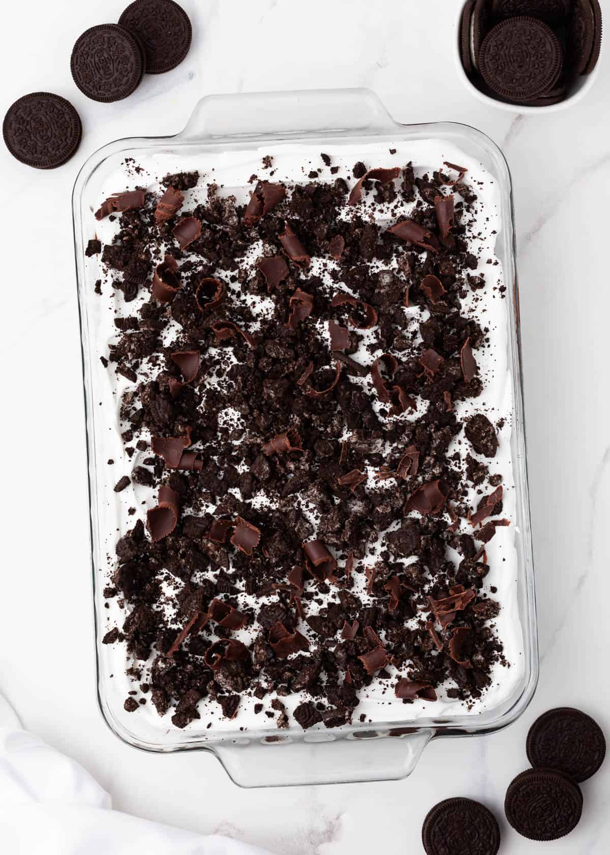 Chocolate lasagna in baking dish. 