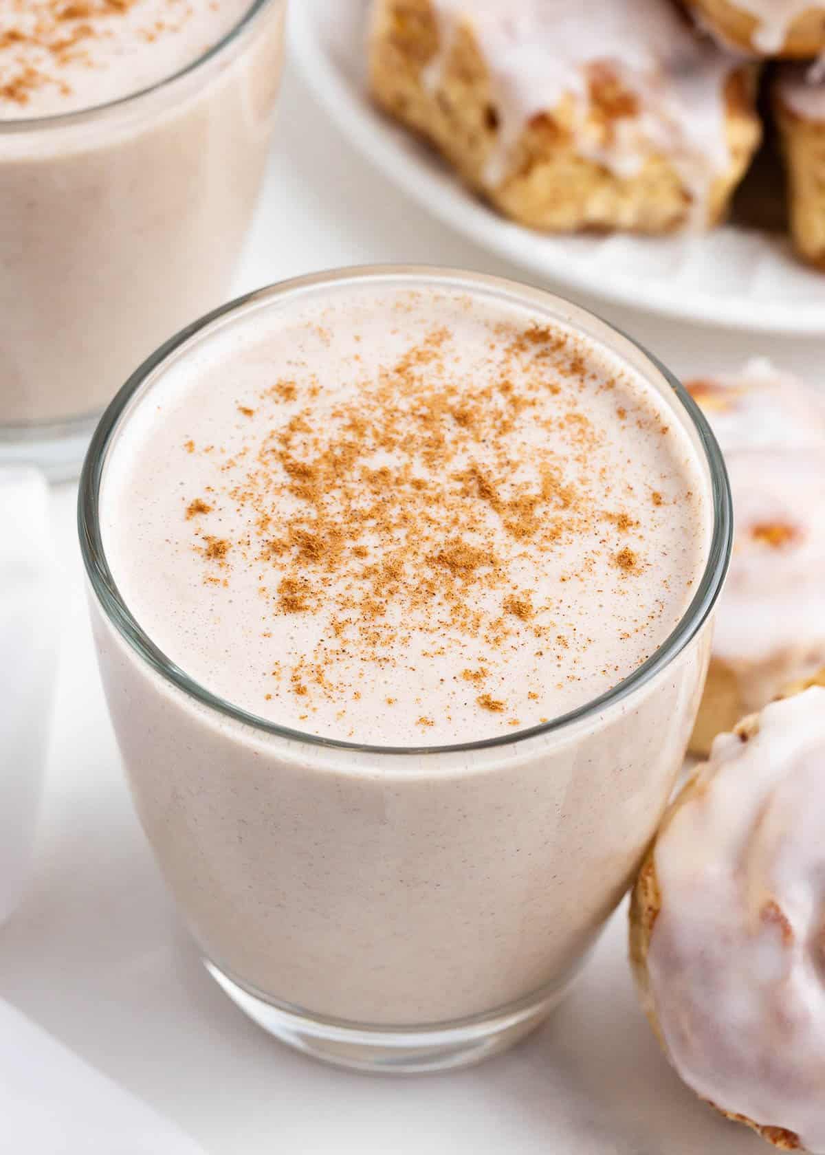 Cinnamon smoothie with cinnamon rolls.