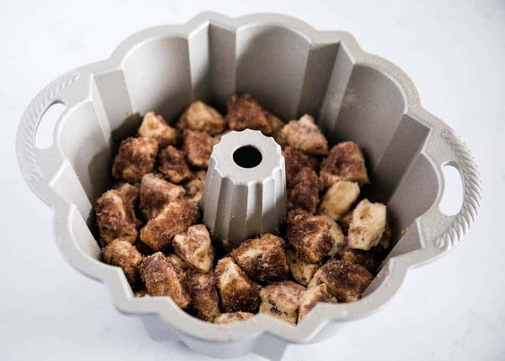 Cinnamon monkey bread in bundt pan.