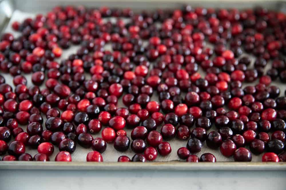 Cranberries on pan.