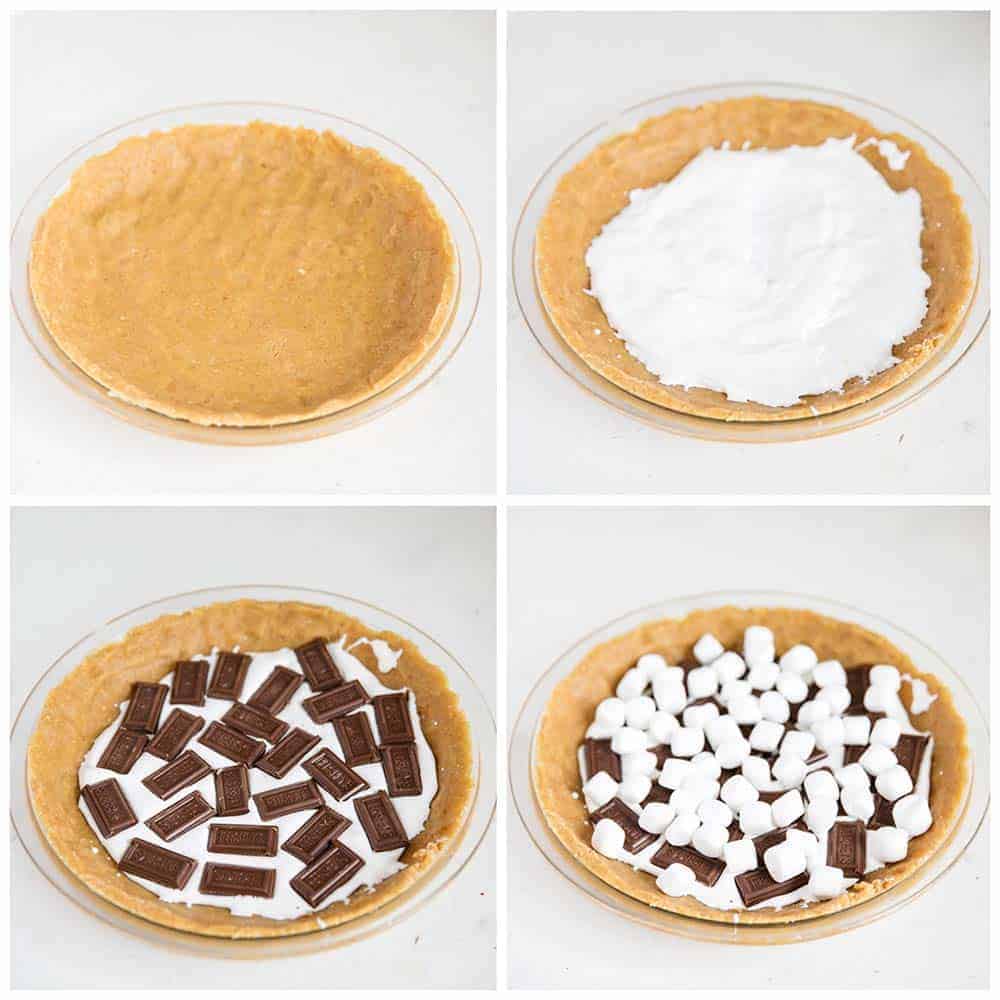 Assembling s'mores pie.