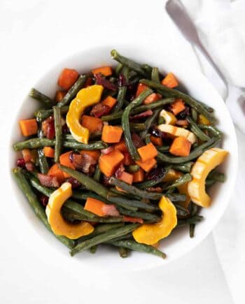 maple roasted vegetables in a white bowl