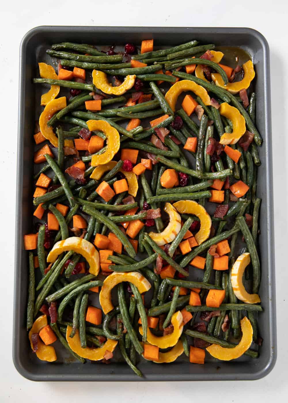 Roasted vegetables on the pan.