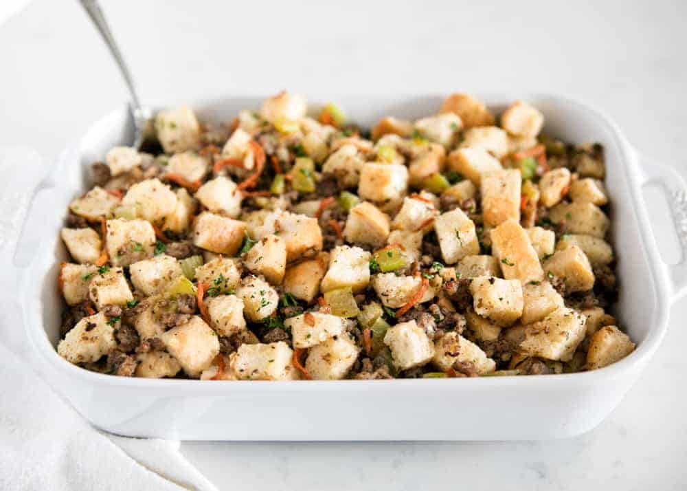 Sausage stuffing recipe in the pan.