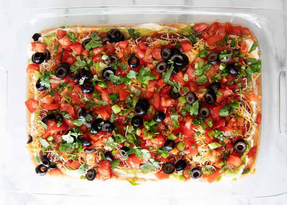 7 layer dip in a baking dish 