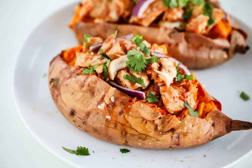 Bbq chicken stuffed sweet potato.