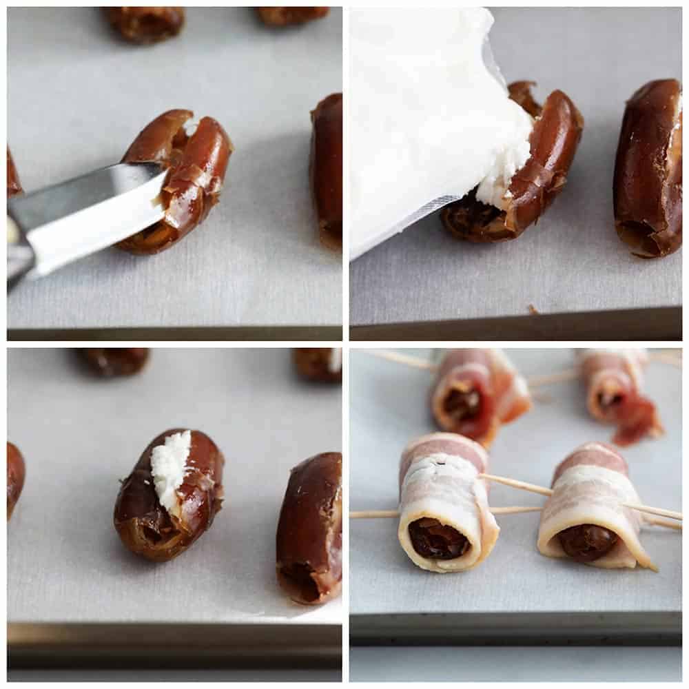 The process of making bacon wrapped dates. 