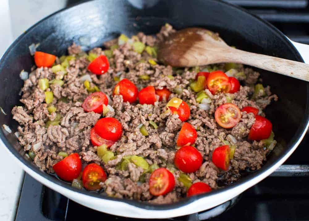 browning hamburger meat in a skillet 