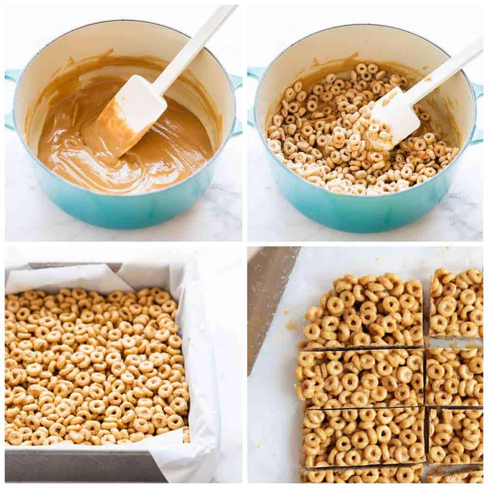 Making peanut butter cheerio bars.