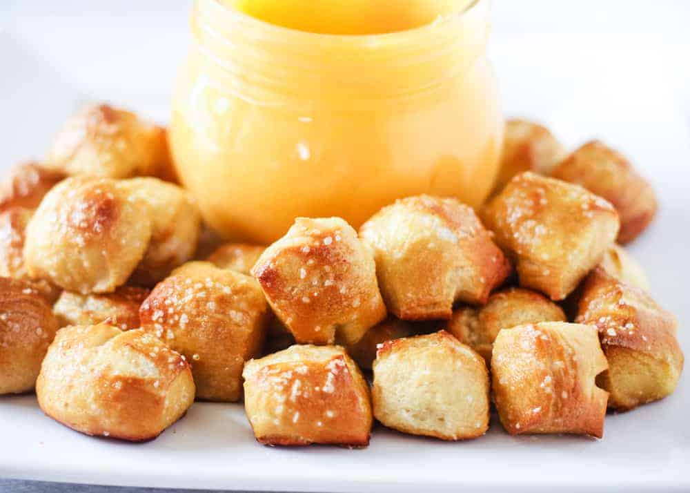 Soft pretzel bites with cheese dip.
