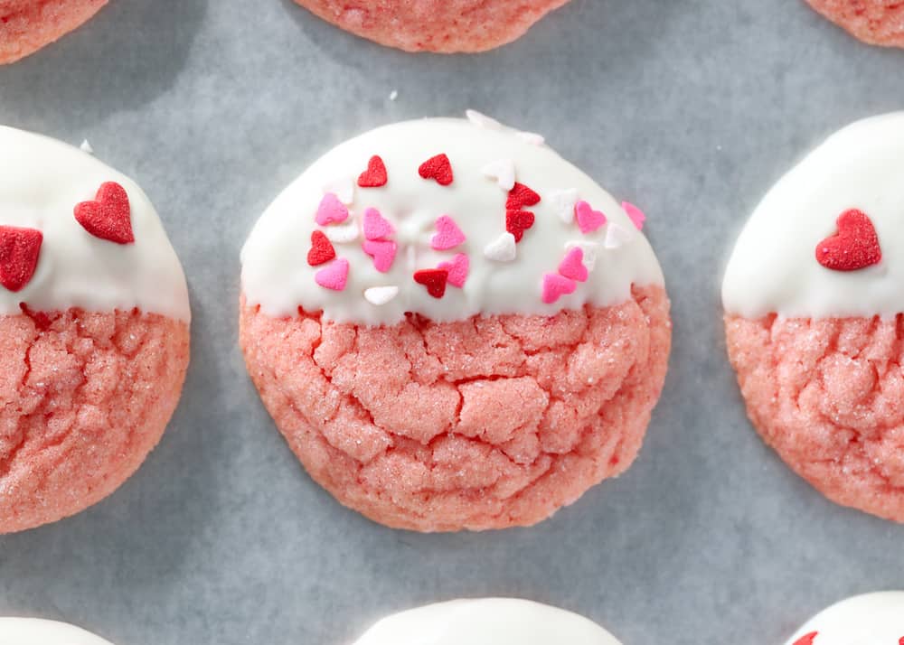 chocolate dipped strawberry cookies with Valentine's sprinkles 