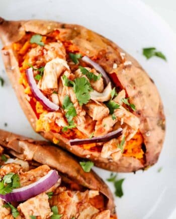 bbq chicken stuffed sweet potato with cilantro