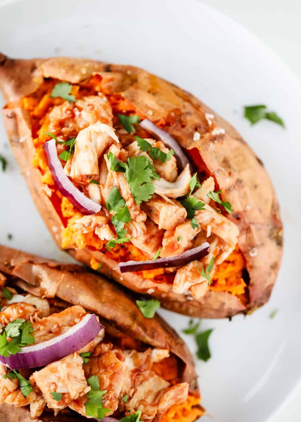 bbq chicken stuffed sweet potato with cilantro and red onion 