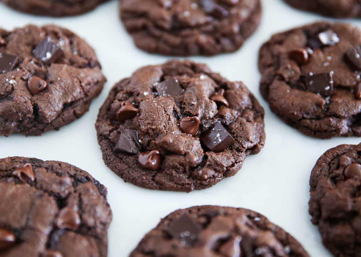 Triple chocolate chip cookies on the counter.
