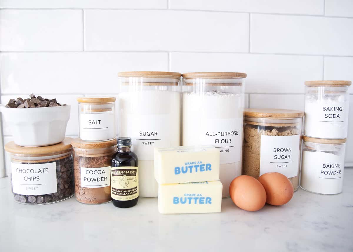 Triple chocolate chip cookie ingredients on counter.