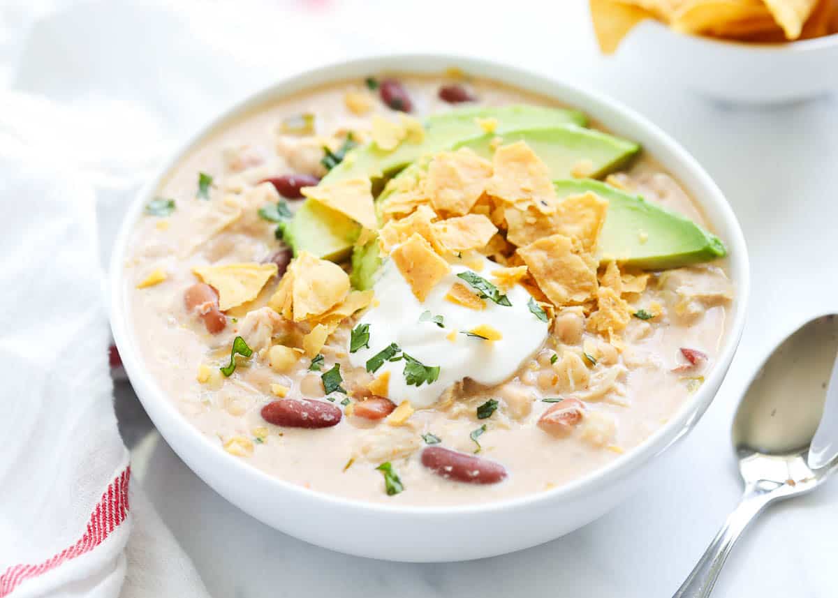Bowl of white chicken chili.