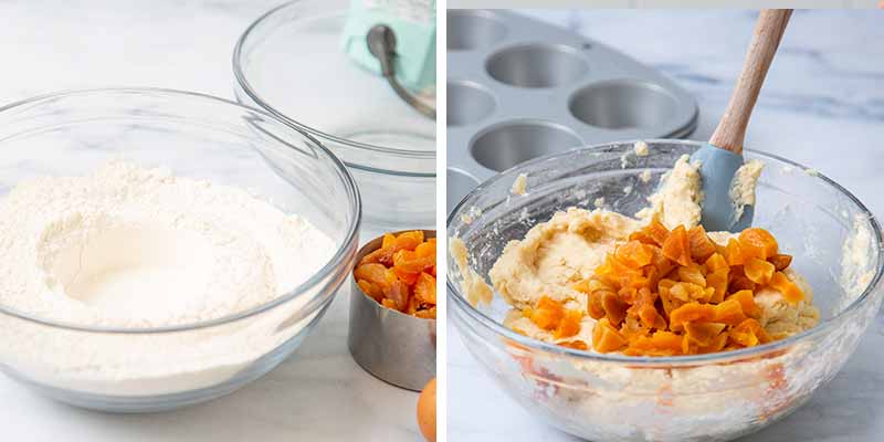 Folding apricots into batter for muffins.