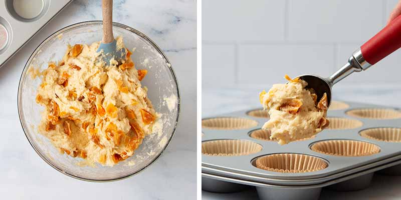 Filling muffin cups with apricot muffin batter.