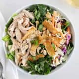 asian chicken salad in white bowl