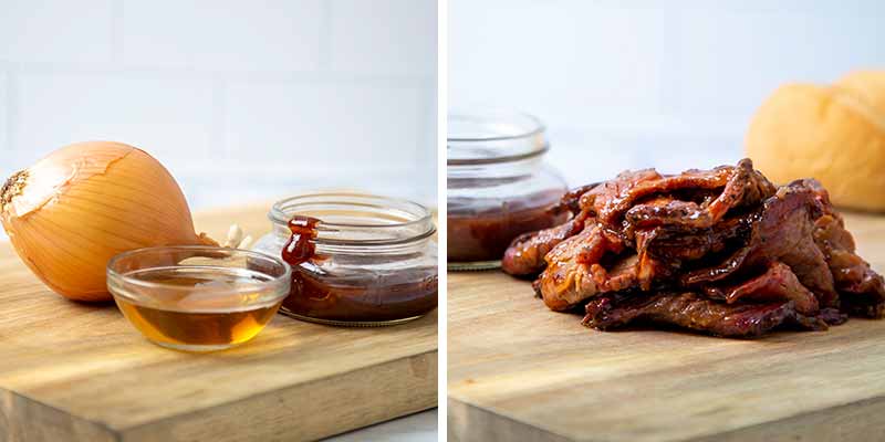 Ingredients for bbq brisket on a cutting board.