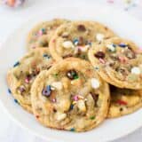 birthday chocolate chip cookies with sprinkles on a white plate