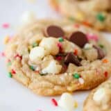 close up of a chocolate chip cookie with sprinkles