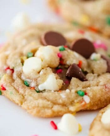 close up of a chocolate chip cookie with sprinkles