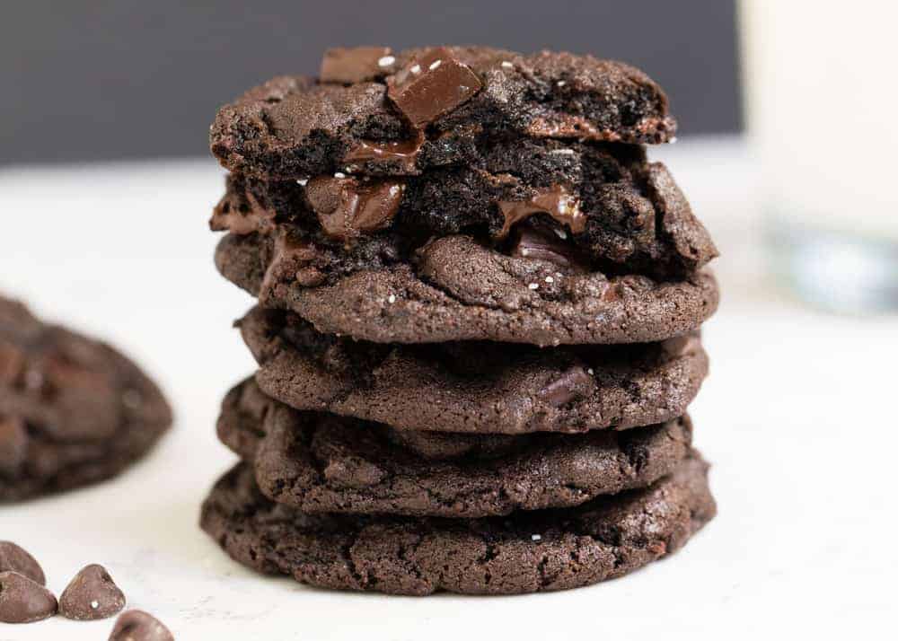 Stack of triple chocolate chip cookies.