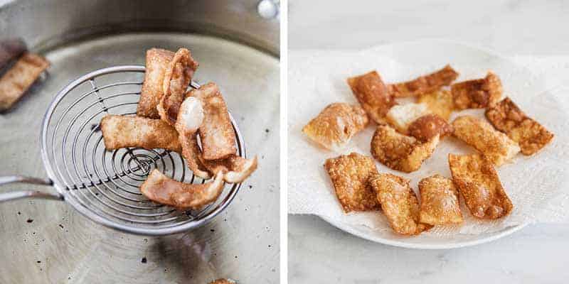 Making fried wonton strips.