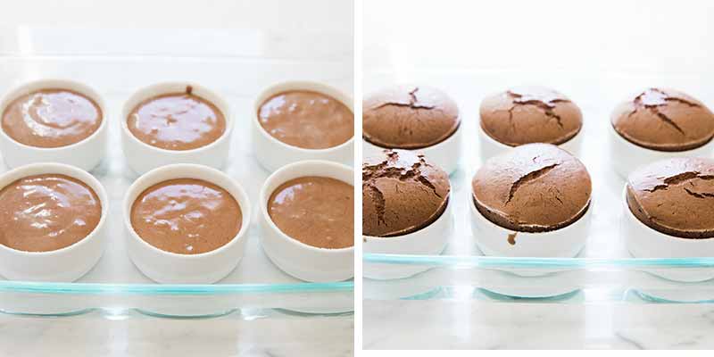 Chocolate souffle ramekins in a baking dish.