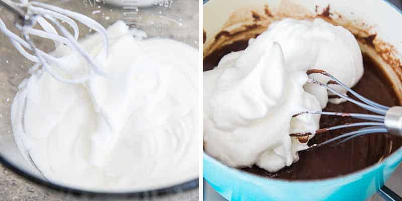 whisking egg whites into chocolate sauce 