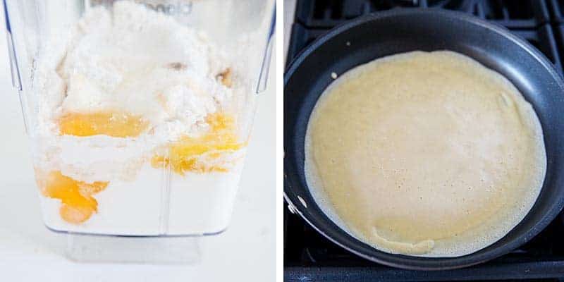 Mixing up crepes in blender and cooking on pan.