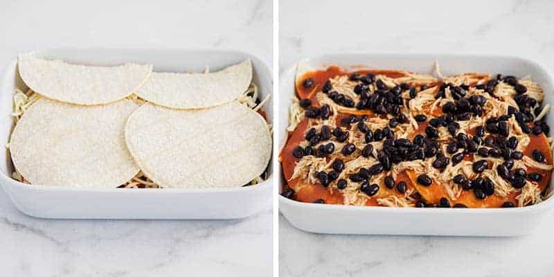 Layering the enchilada casserole in dish.