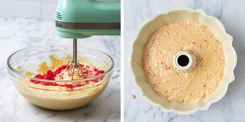 Mixing together batter for raspberry bundt cake.