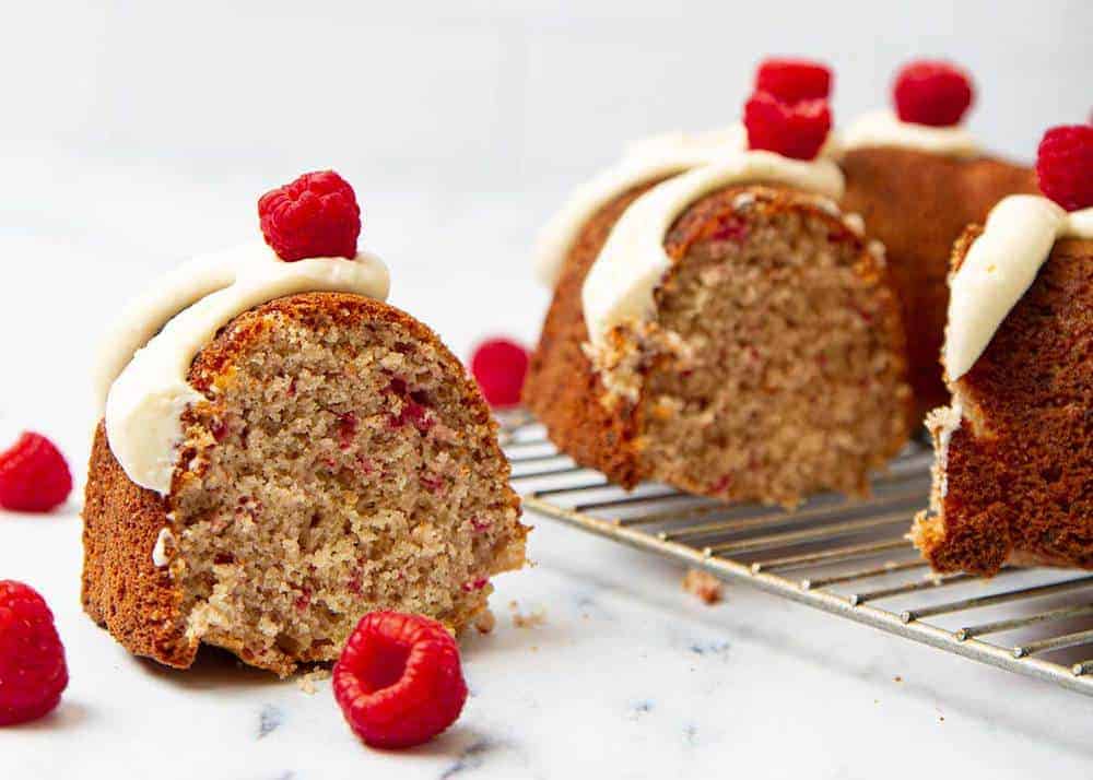 Slice of raspberry bundt cake.