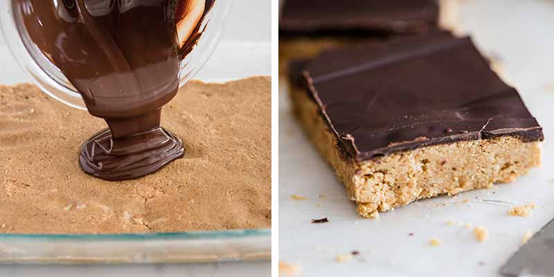 Pouring melted chocolate over peanut butter layer.