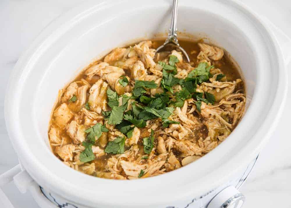 Salsa verde chicken in the slow cooker.