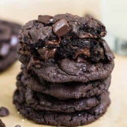 stack of triple chocolate cookies
