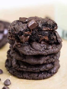 stack of triple chocolate cookies