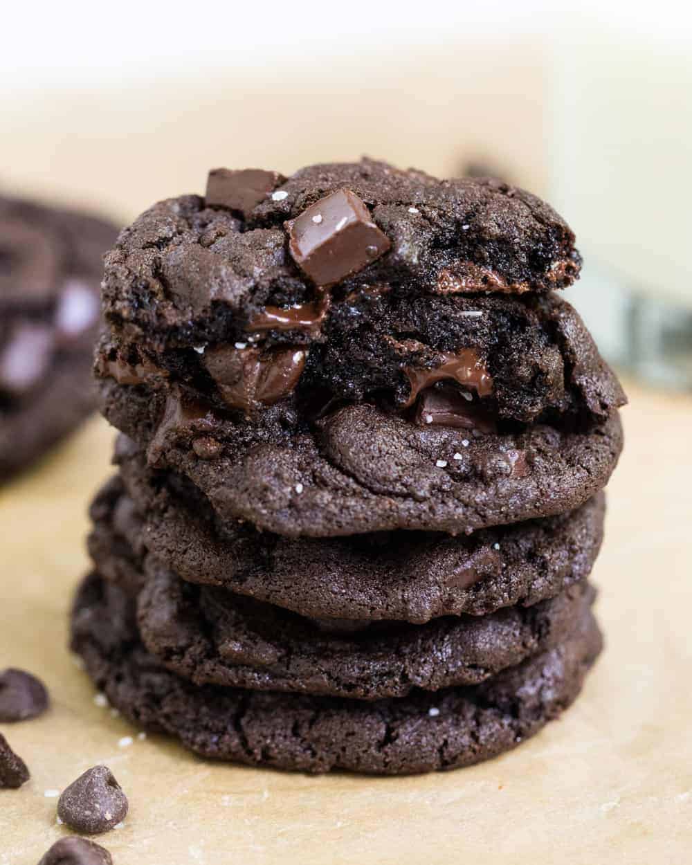 Stack of triple chocolate cookies.
