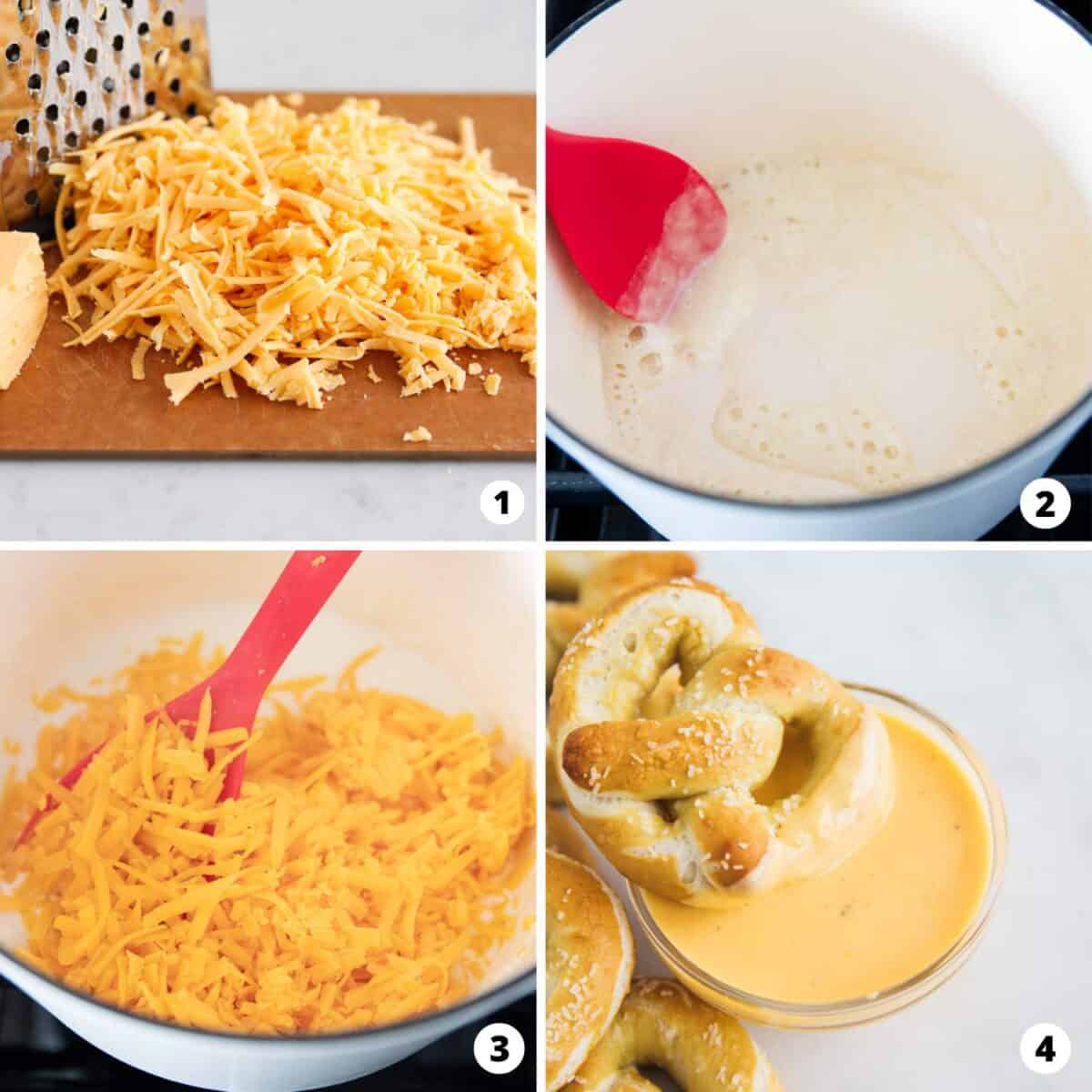 Showing how to make cheese dip in a 4 step collage.