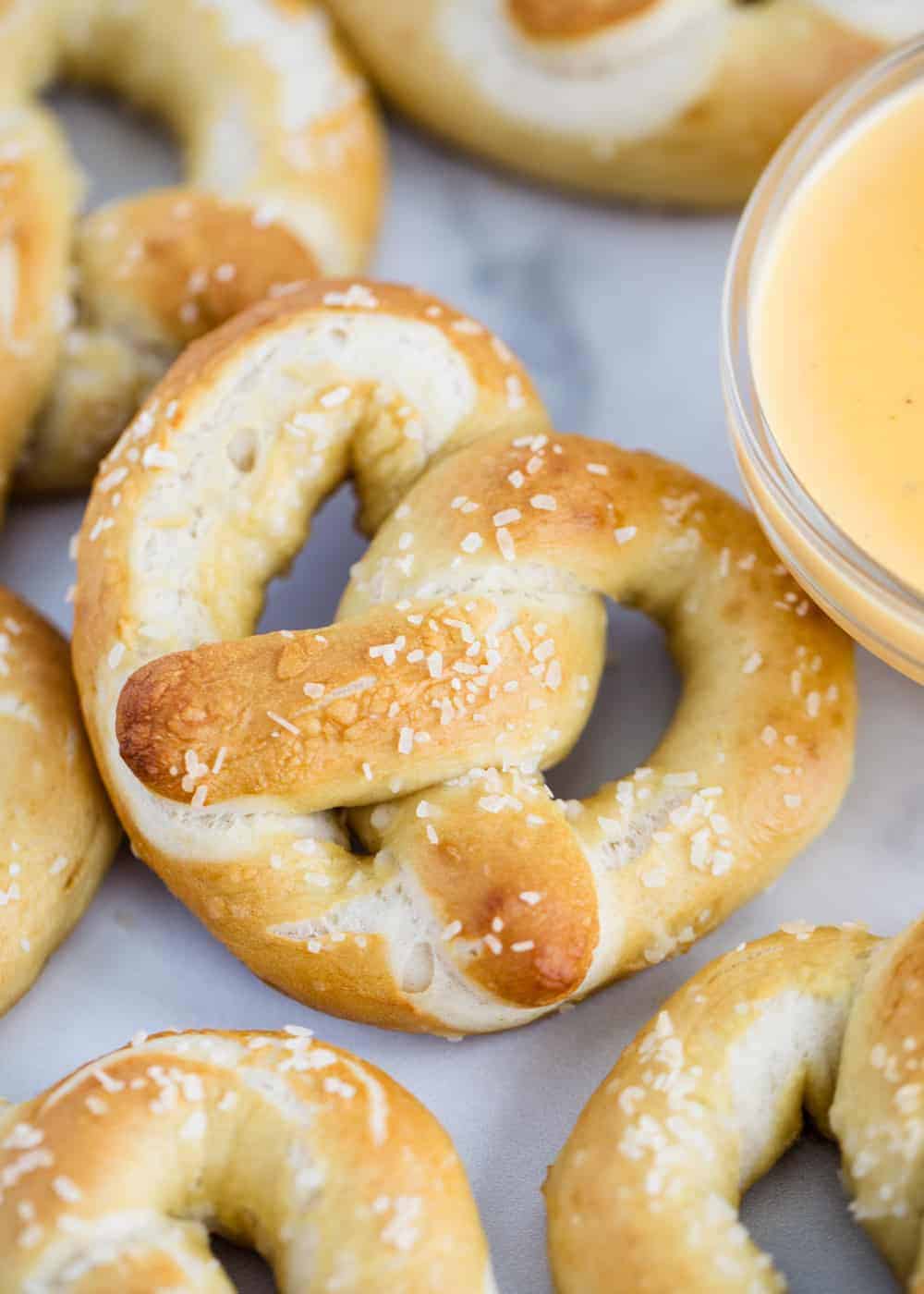Soft pretzels with cheese sauce.