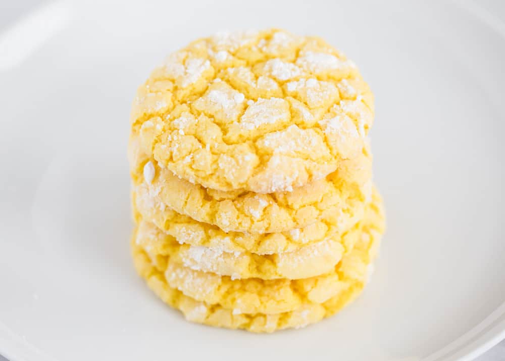 Stacked lemon cake mix cookies.