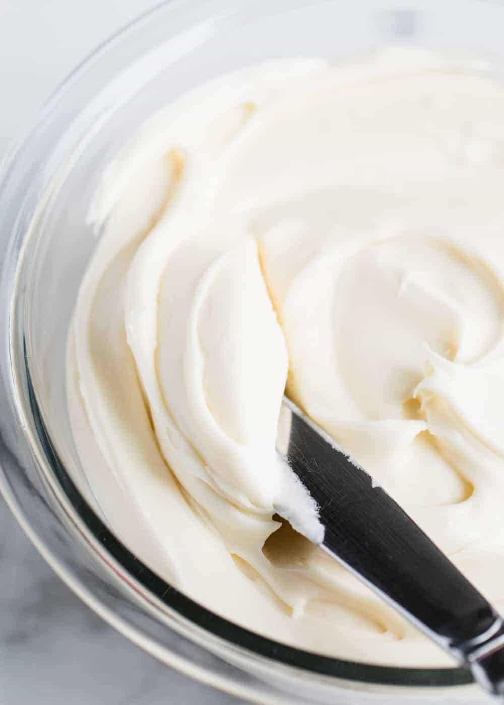 Frosting in a glass bowl.