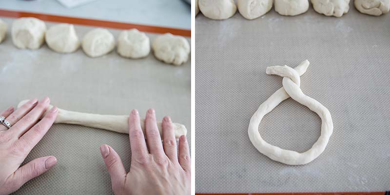 Rolling out pretzels.