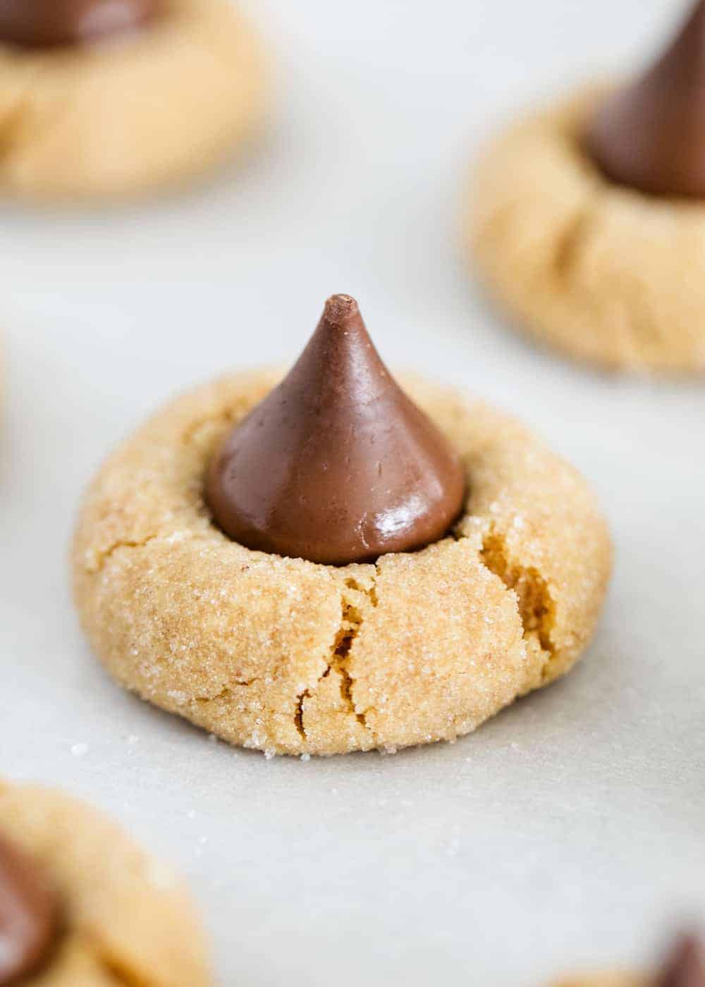 Peanut butter cookie with chocolate kiss on top.